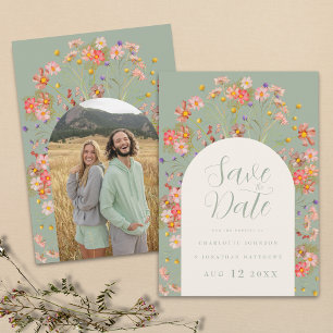 Modern Wildflower Sage Green Photo Arch Wedding Save The Date