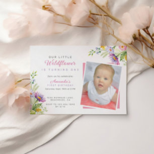 Modern Wildflower Script Photo 1st birthday Invitation
