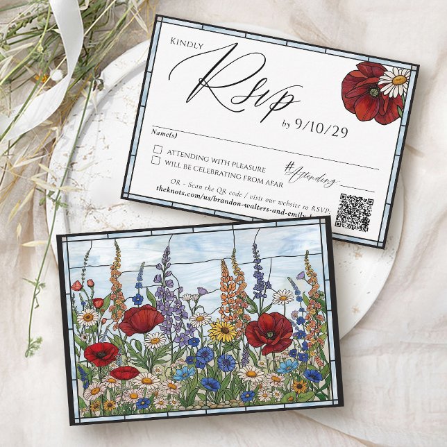 Modern Wildflower Stained Glass Floral Wedding RSVP Card (Modern wildflower daisy sunflower red poppy stained glass QR code wedding invitation Rsvp Card)