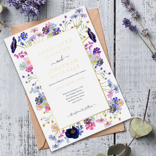 Modern Wildflower Watercolor Blue Gold Wedding (Modern colorful wildflower blue floral gold foil wedding invitation postcard)