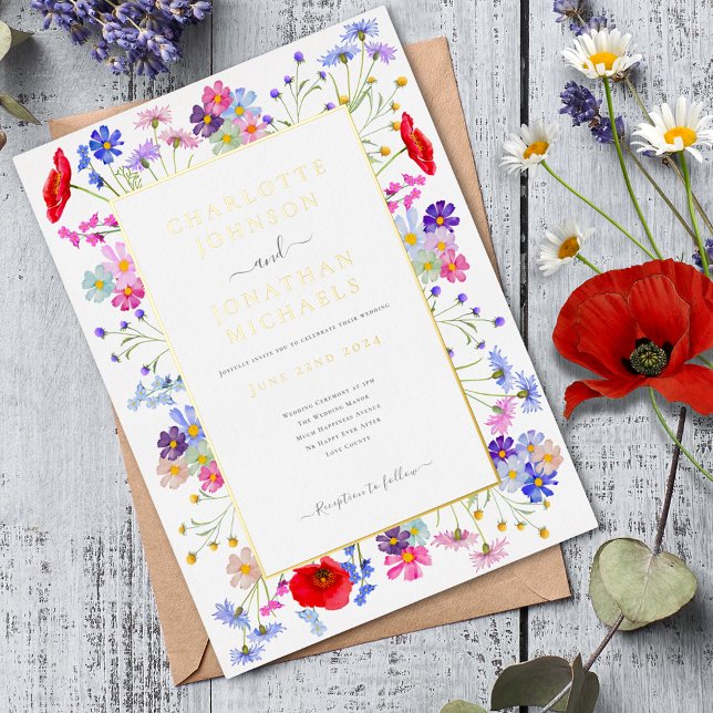 Modern Wildflower Watercolor Elegant Gold Wedding (Colorful wildflower boho chic gold foil wedding invitation)