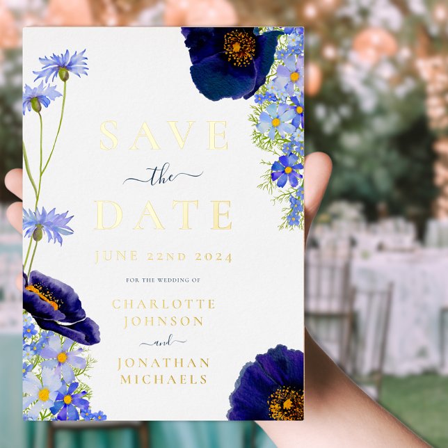 Modern Wildflower Wedding Blue and Gold (Modern Blue and gold foil floral wedding save the date invitation with watercolor wildflowers )