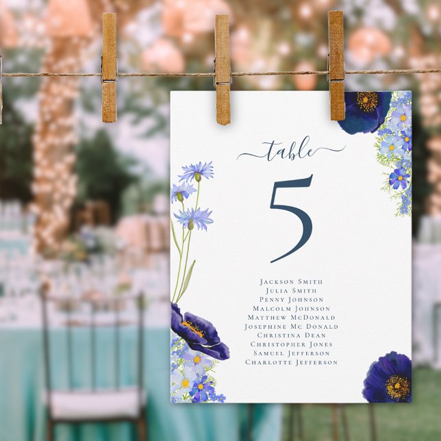 Modern Wildflower Wedding Table Number Chart (Modern blue wildflower summer floral wedding table number seating chart elegant stylish typography)