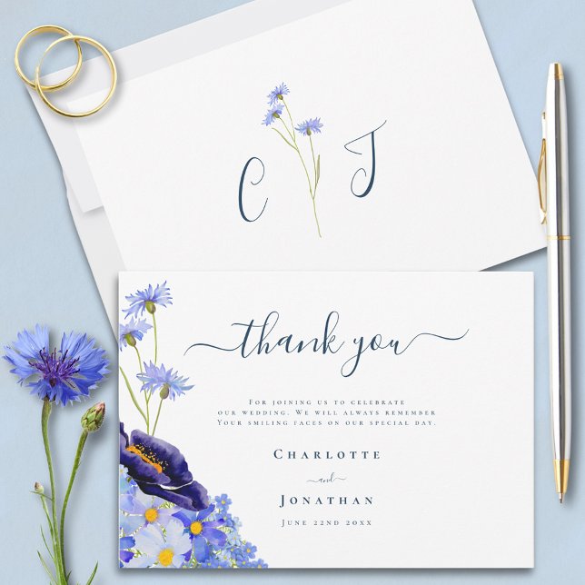 Modern Wildflower Wedding Thank You Card (Stylish Blue floral wedding thank you card with wildflowers
)