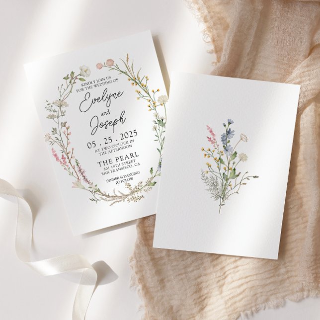 Modern Wildflower Whimsical Floral Wreath Wedding  Invitation (Creator Uploaded)