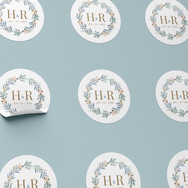 Modern Wildflower Wreath Wedding Monogram Sticker (Creator Uploaded)
