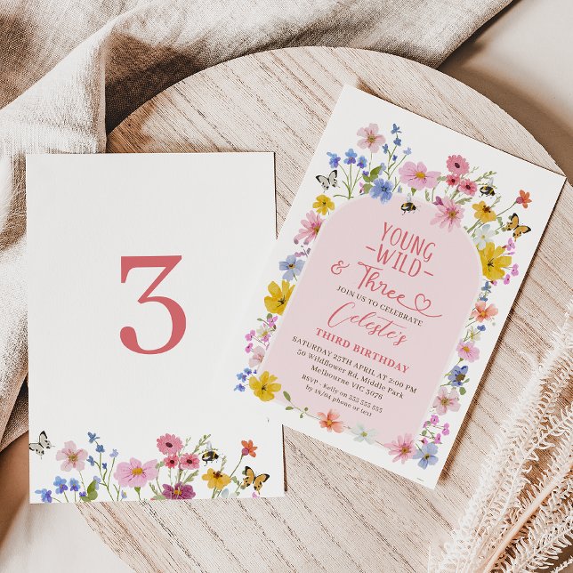 Modern Wildflower Young Wild Three 3rd Birthday  Invitation (Young Wild and Three Wildflower 3rd Birthday Invitation, Young Wild and Three Invitation Template)