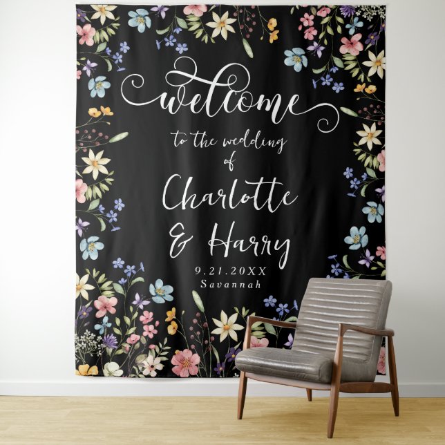 Modern Wildflowers Black Wedding Welcome Backdrop Tapestry (In Situ)