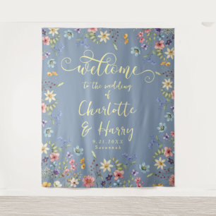 Modern Wildflowers Blue Wedding Welcome Backdrop Tapestry