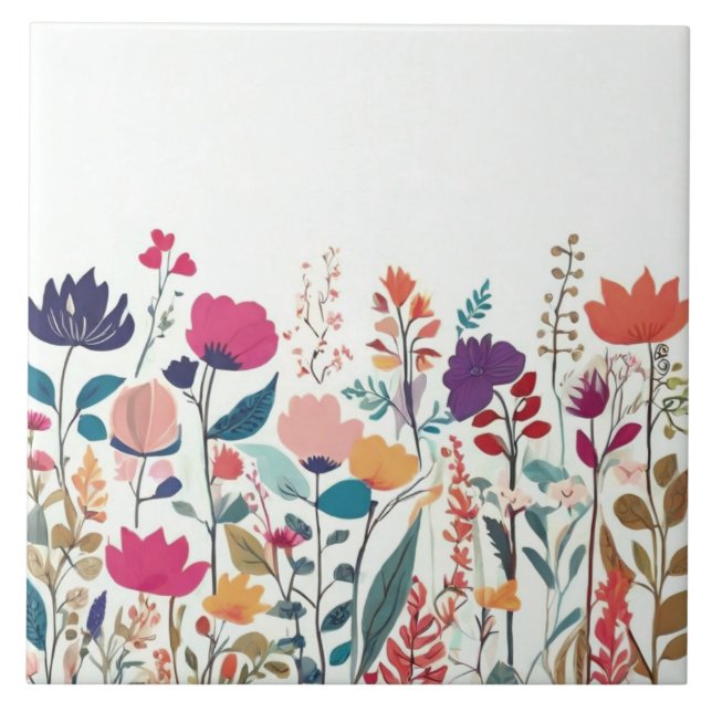 Modern Wildflowers - Colourful Floral Flowers Tile (Front)