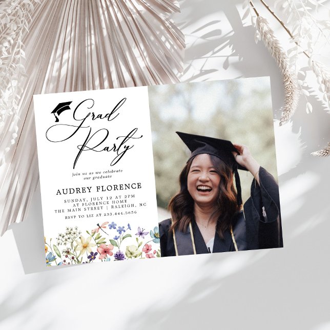 Modern  Wildflowers Floral Photo Graduation Party Invitation (Creator Uploaded)