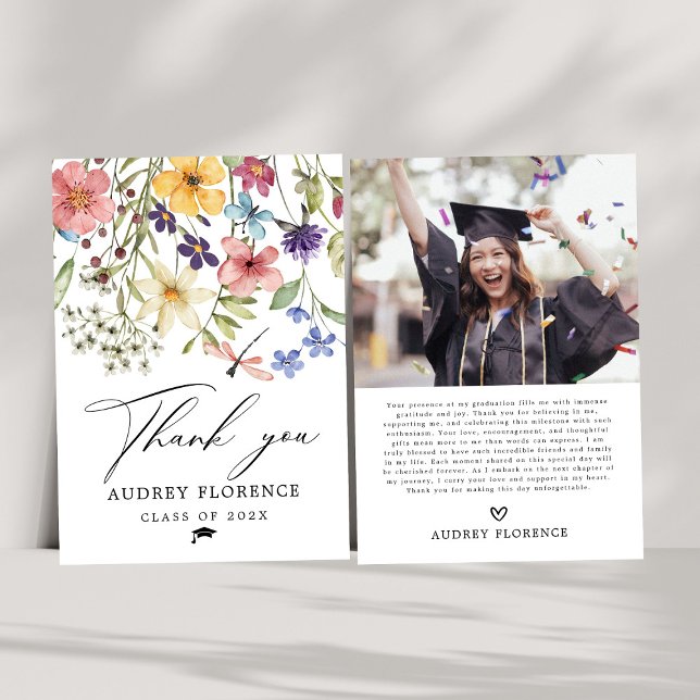 Modern  Wildflowers Floral Photo Graduation Party Thank You Card (Creator Uploaded)