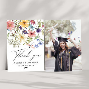 Modern Wildflowers Floral Photo Graduation Party Thank You Card
