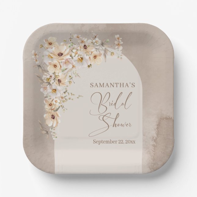 Modern Wildflowers Ivory Boho Arch Bridal Shower Paper Plate (Front)