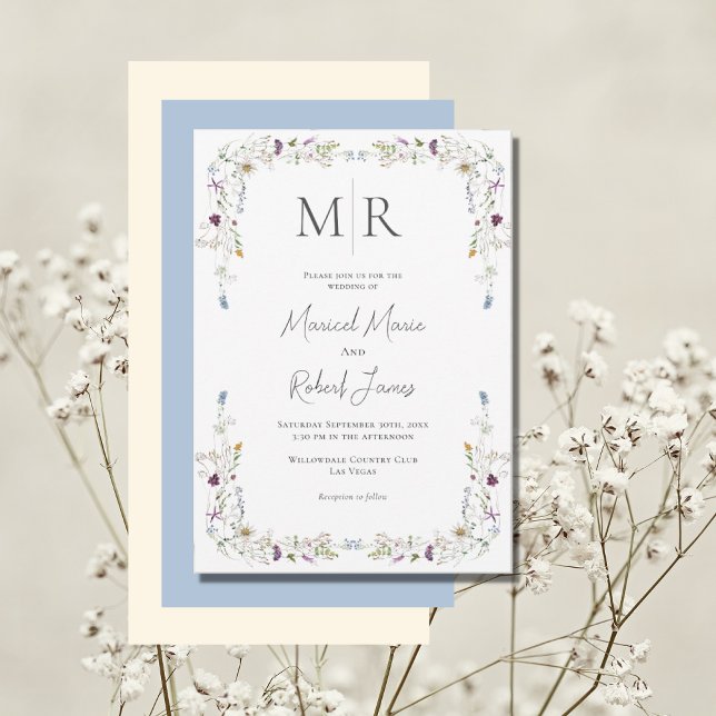 Modern Wildflowers Monogram Blue Wedding Invitation (Creator Uploaded)
