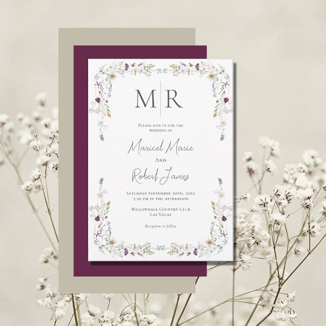 Modern Wildflowers Monogram Burgundy Wedding Invitation (Creator Uploaded)
