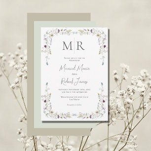 Modern Wildflowers Monogram Green Wedding Invitation