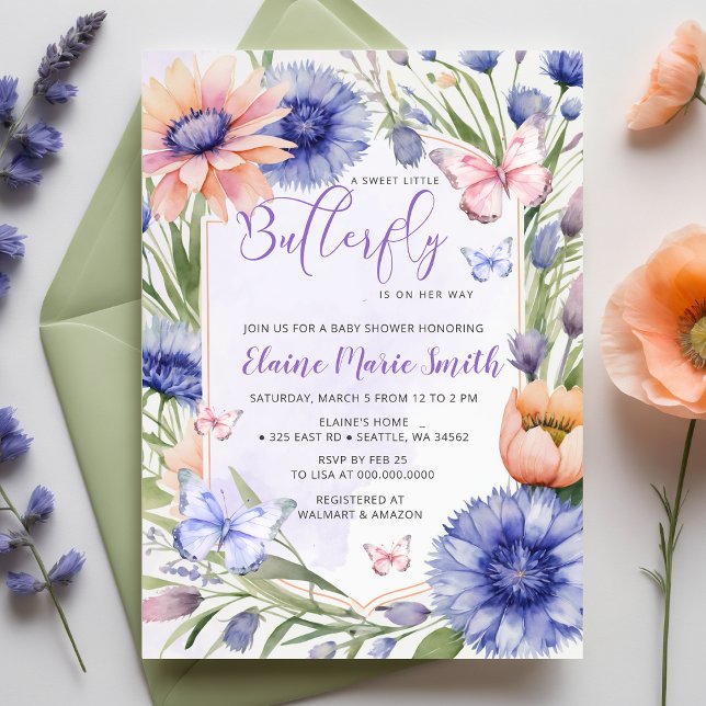 Modern Wildflowers Purple Butterfly Baby Shower  Invitation (Modern Wildflowers Purple Butterfly Baby Shower Invitation)