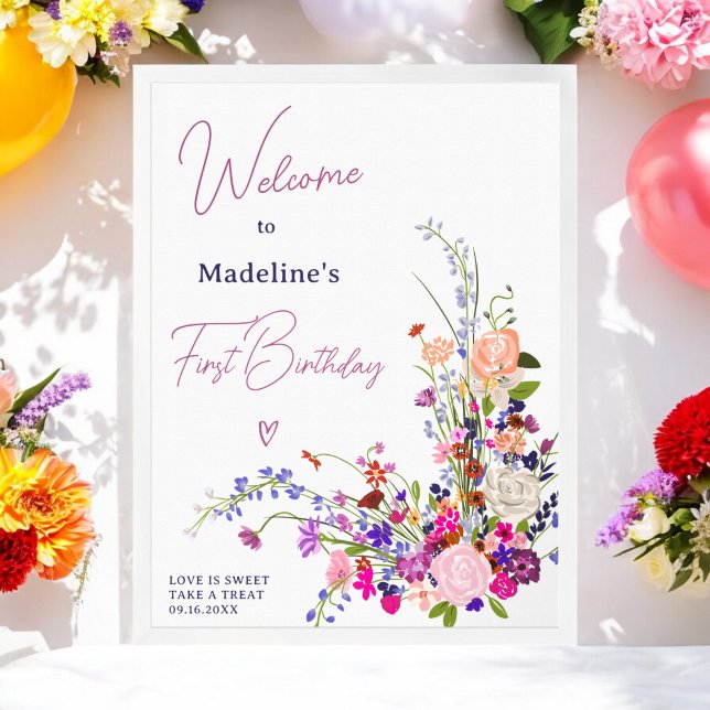 Modern wildflowers script 1st birthday welcome poster (Modern wildflowers script 1st birthday welcome poster)