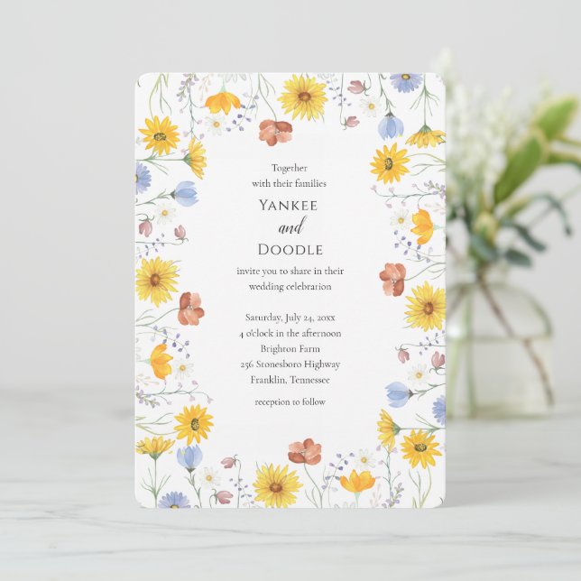 Modern wildflowers spring wedding invitation (Standing Front)
