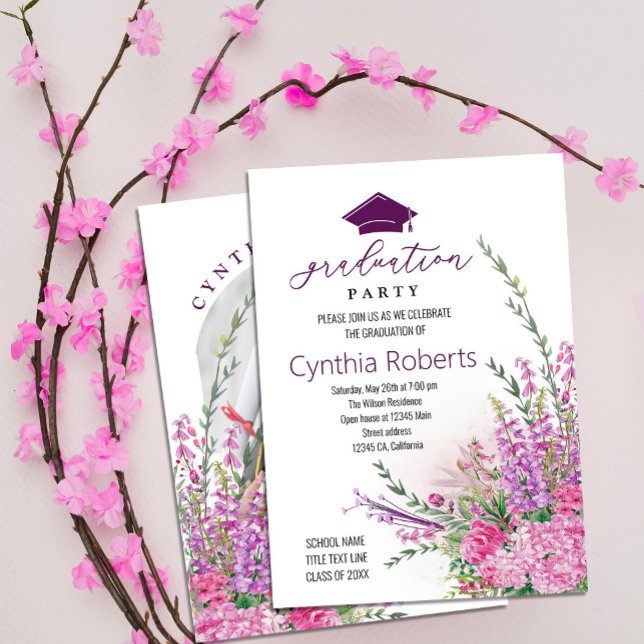 Modern Wildflowers Summer Graduation Invitation (Modern Wildflowers Summer Graduation Invitation features watercolor flowers in shades of pink purple)