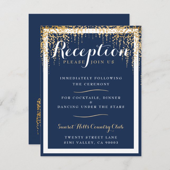 Modern Willow Tree Blue Gold Wedding Reception Invitation (Front/Back)