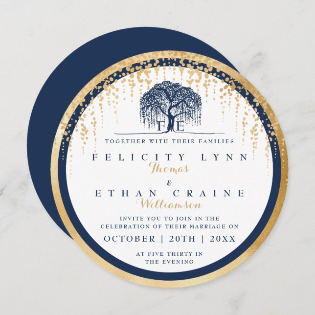 Modern Willow Tree Navy Gold Wedding Invitation (Front/Back)