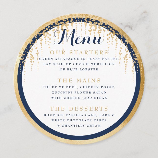 Modern Willow Tree Navy Gold Wedding Single Sided Menu (Front)