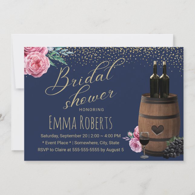 Modern Wine Barrel Navy Gold Floral Bridal Shower Invitation (Front)