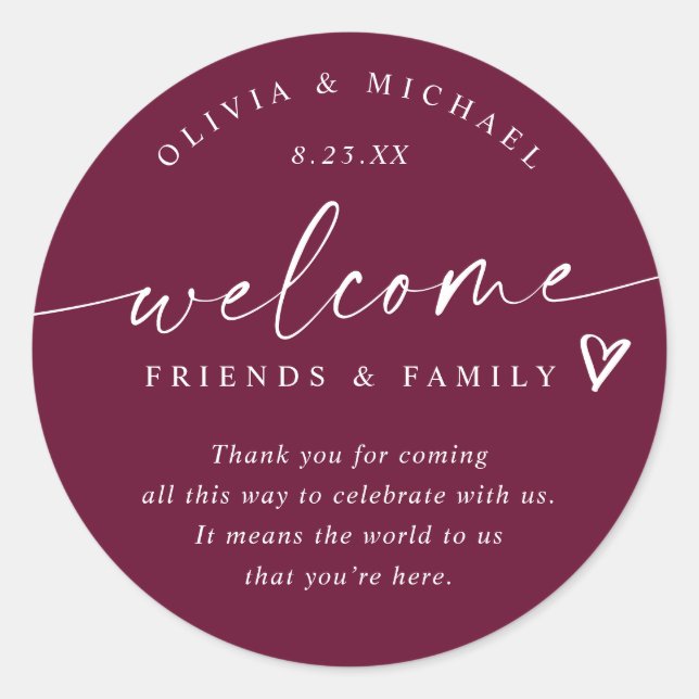 Modern Wine Burgundy Wedding Welcome Hotel Bag Classic Round Sticker (Front)