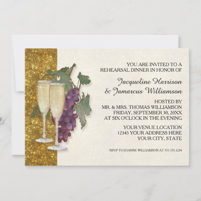 Modern Wine Champagne Glass Theme Rehearsal Dinner Invitation (Front)