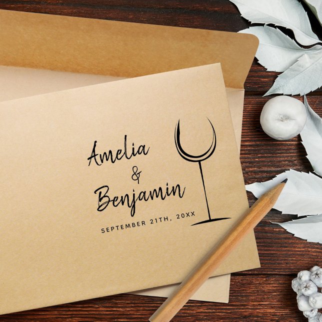 Modern Wine Glass Typography Couple`s Name Wedding Rubber Stamp (Creator Uploaded)