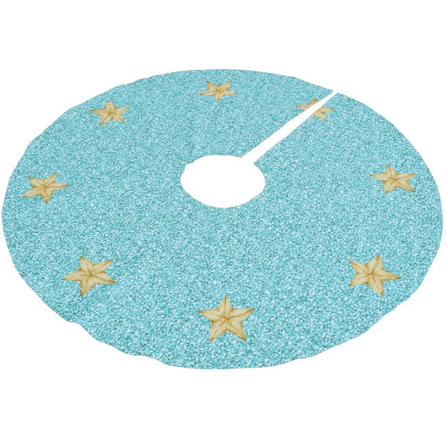 Modern Winter Blue Glitter Gold Stars Christmas  Brushed Polyester Tree Skirt (Angled)
