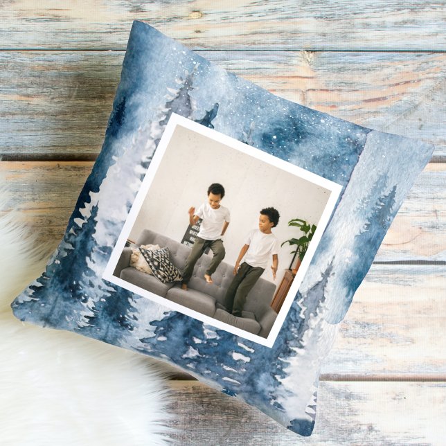 Modern Winter Blue Trees & Photo  Cushion (Creator Uploaded)