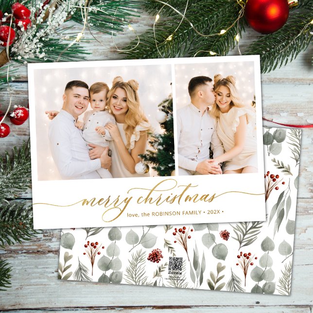 Modern Winter Botanical 2 Photo Collage Christmas  Holiday Card (Creator Uploaded)