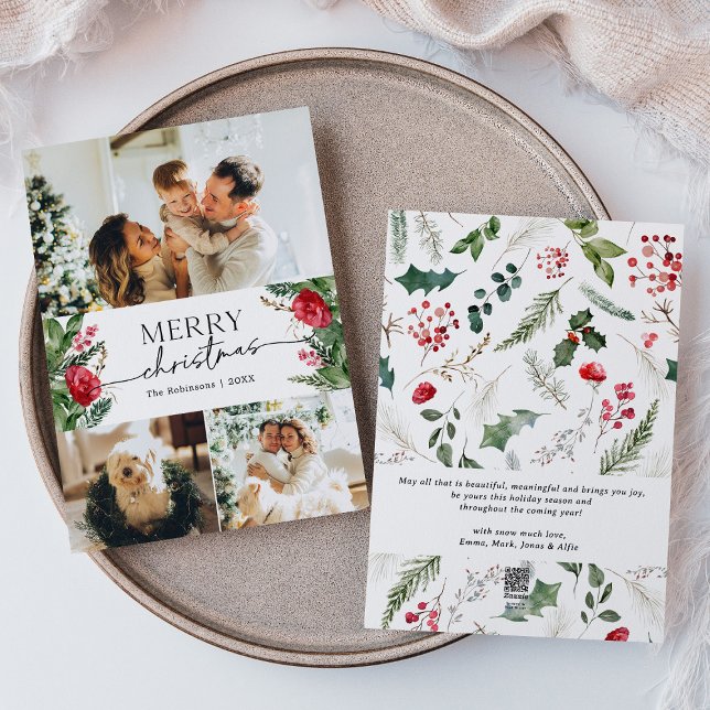 Modern Winter Botanical 3 Photo Merry Christmas Holiday Card (Creator Uploaded)