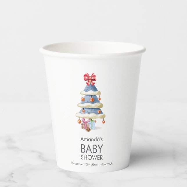 Modern Winter Bow Christmas Tree Baby Shower  Paper Cups (Front)