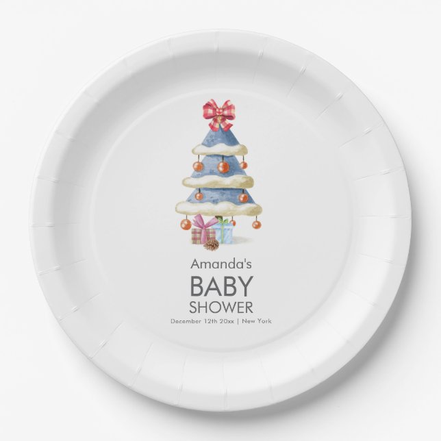 Modern Winter Bow Christmas Tree Baby Shower  Paper Plate (Front)