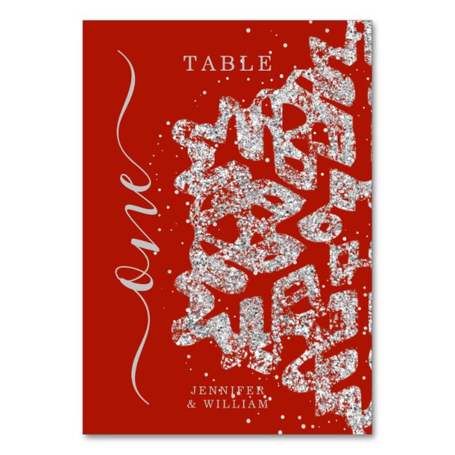 Modern Winter Christmas Holiday Wedding Silver Red Table Number (Front)