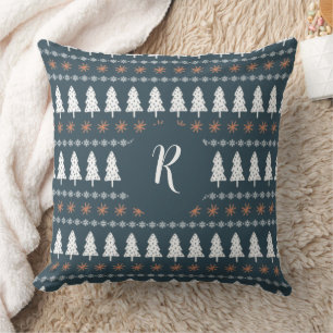 Modern Winter Christmas Tree Pattern Monogram Grey Cushion