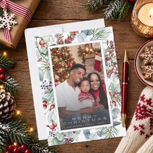 Modern Winter Christmas White Botanical Photo Holiday Card