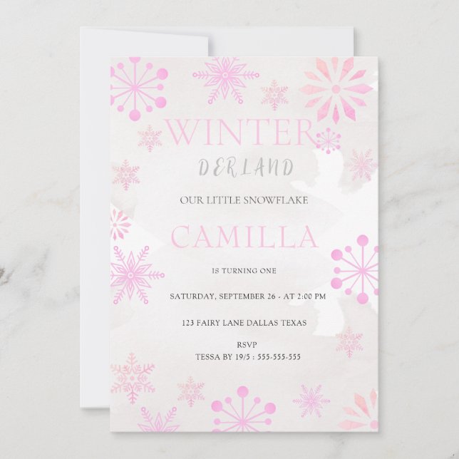 Modern Winter Derland Pink Girl 1st Birthday  Invitation (Front)