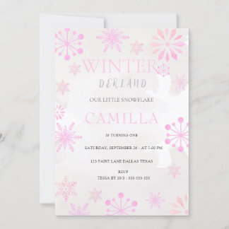 Modern Winter Derland Pink Girl 1st Birthday Invitation