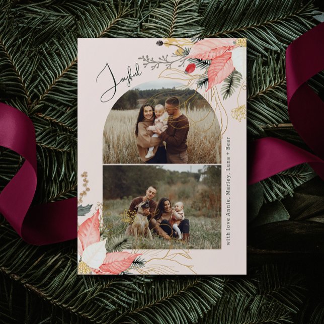 Modern Winter Floral Arch Pink Joyful Two Photo Holiday Card (Creator Uploaded)