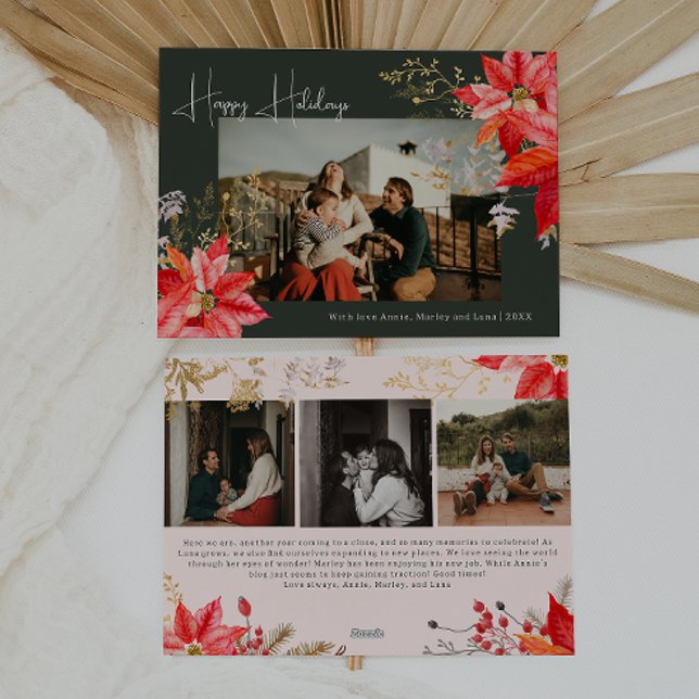 Modern Winter Floral Four Photo Happy Holiday Card (Creator Uploaded)