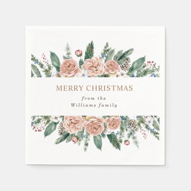 modern winter floral merry christmas paper napkin (Front)