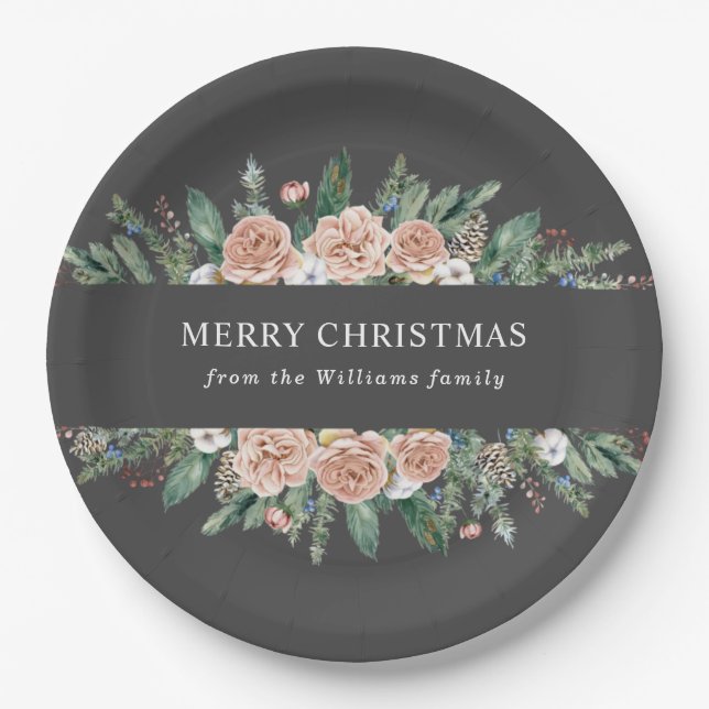 modern winter floral merry christmas paper plate (Front)