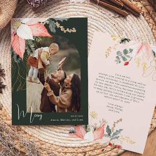 Modern Winter Floral Merry One Photo Holiday Card