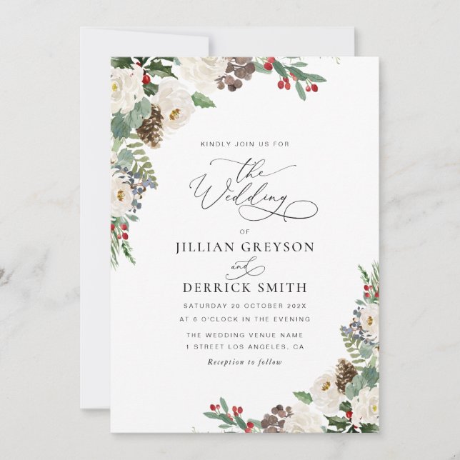modern winter floral wedding  invitation (Front)
