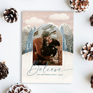Modern Winter Forest Christmas. Believe Arch Photo Holiday Card